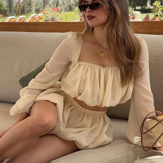 Square Neck Puff Sleeve Pleated Top And Shorts Set