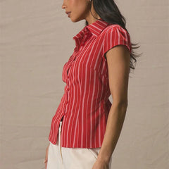 Red Stripe Short-Sleeved Button-Up Shirt