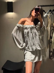 Grey Off Shoulder Ruffle Sequin  Drawstring Waist Mini Dress