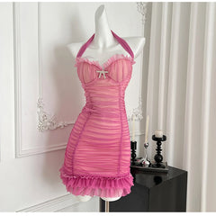 Pink Ruffles Mesh Bodycon Tank Mini Dress
