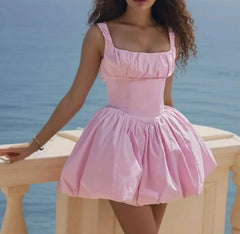 Pink Ruched Chest Corset Style Ball Gown Pleated Swing Hem Mini Dress