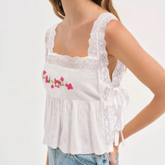Flower Embroidered Lace Trim Square Neck Side Tie Tank Top