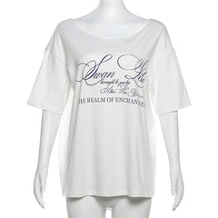 Swan Lake Asymmetry Shoulder Grpahic Tee