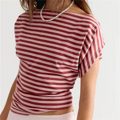 Striped Boat Neck Batwing Cap Sleeve Ruched Waist Top