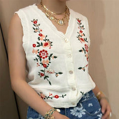 Knit V-Neck Floral Embroidery Vest