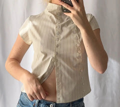 Stripe Double Button Up Mock Neck Shirt