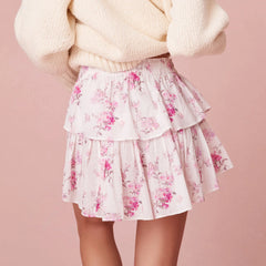 Floral tiered skirt worn with a cream sweater 