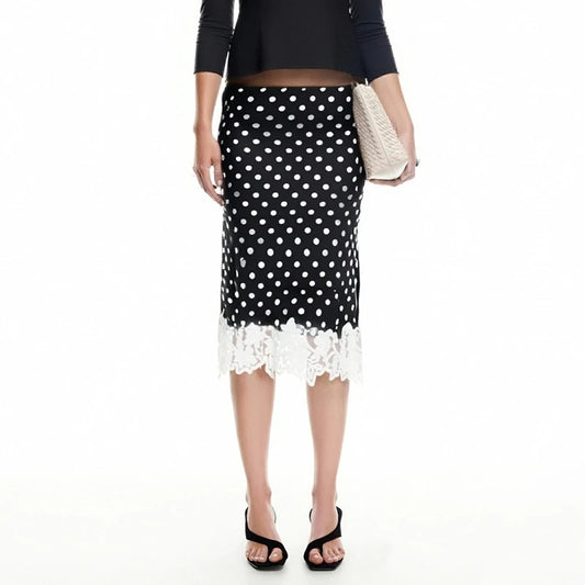 Lace Trimmed Patchwork Satin Midi Skirt