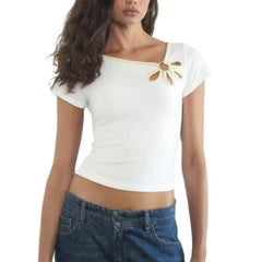 Solid Colour Cut Out  Ring Keyhole Shirt