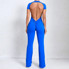 Blue jumpsuit with open back on a white background