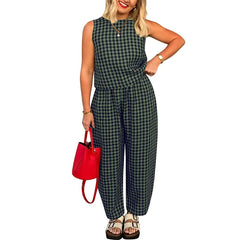 Printed Plaid Sleeveless Vest And Wide Pants Set
