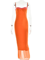 Orange Mesh Lace Patchwork Cami Maxi Dress - Free From Label