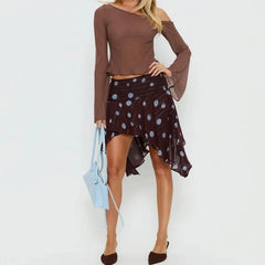 Brown Polka Dot Ruffle Asymmetrical Hem Midi Skirt