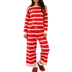 Striped Knit Crew Neck Long Sleeve Top And Drawstring Wide Leg Pants Set
