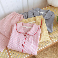 Doll Collar Cotton Plaid Long-sleeved Shirt And Pants Two-piece Nighwear Set