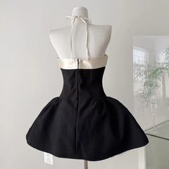 Black A-line White Satin Halter Strap Mini Dress