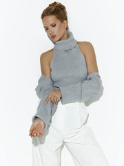 Ribbed Knit Turtleneck Cutout Shoulder  Vest Long-Sleeved Shawl 2-Piece Set Top