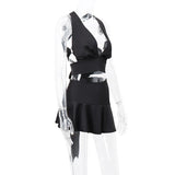 Black Satin Bandage Deep Neck Crop Top And Mini Skirt Set