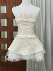 Sequin Bow Tie Tulle Hem A-line Strapless Mini Dress