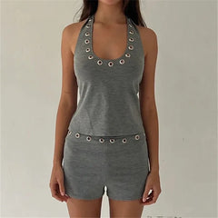Metal Hollow Halter Vest and Shorts Set