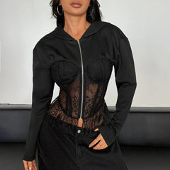Black Lace Patchwork Hooded Zipper Fishbone Jacket