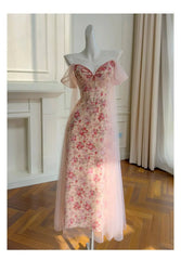 Pink Floral Off-the-Shoulder Mesh Drape Midi Dress