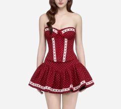 Dotted Strapless Lace Trim Corset Top And Mini Skirt Set
