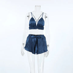 Satin Cami Top And Shorts With Fur Trim Rode Nightgown Three-piece Set