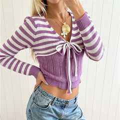 Purple White Striped Cropped Knit Bow Long Sleeve Top