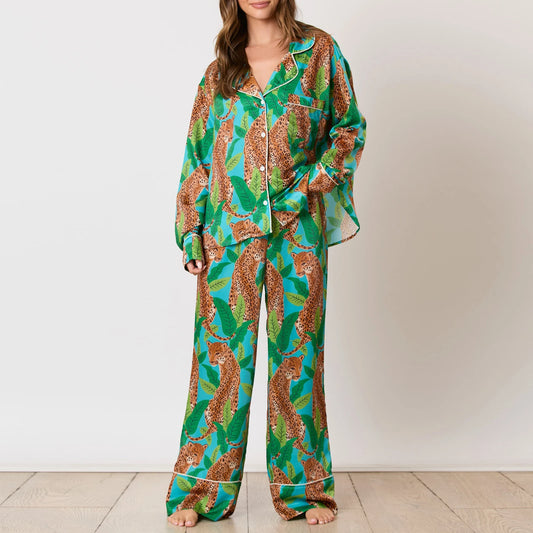 Animal Print Button-up Long Sleeve Top And Pants Set