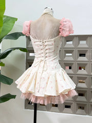 Square Collar Mesh Puff Short Sleeve Bow A-line Mini Dress