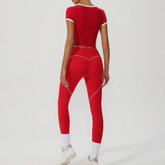 Person wearing a red athletic outfit - back view