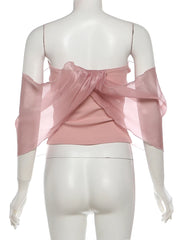 Pink Mesh Sequin Applique Slash Neck Top