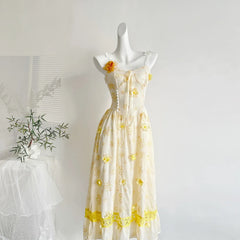 Yellow Spaghetti Strap Embroidered Flower Midi Dress