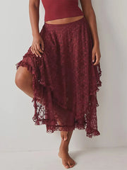 Lace Ruffle Sheer Asymmetrical Hemline Midi Skirt