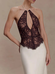 White Lace Black Patchwork Halter Maxi Dress