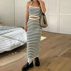Strapless  Striped Cutout Knitted Long Dress