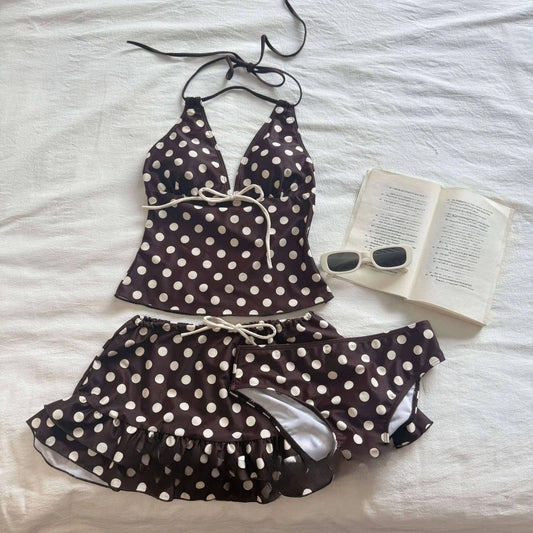 Brown Polka Dot 3 Piece Bikini Set
