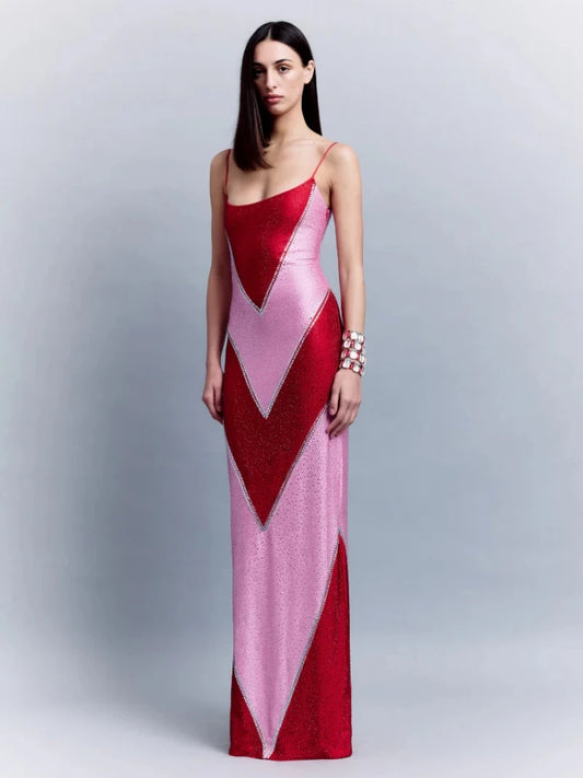 Sequin Two-Tone Spaghetti Straps Rhinestone Long Dress