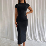 Crewneck Solid Short Sleeve Bodycon Long Dress - Free From Label