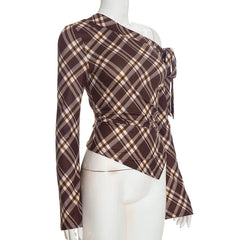 Brown Plaid Off-Shoulder Long Flare Sleeve Top