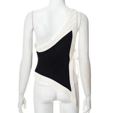 Black and White Patchwork Asymmetrical Lace Up One Shoulder Top