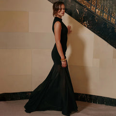 High Neck Cut Out Mesh Slit Maxi Dress