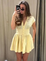 Cap Sleeve Buttoned Pleated Mini  Dress