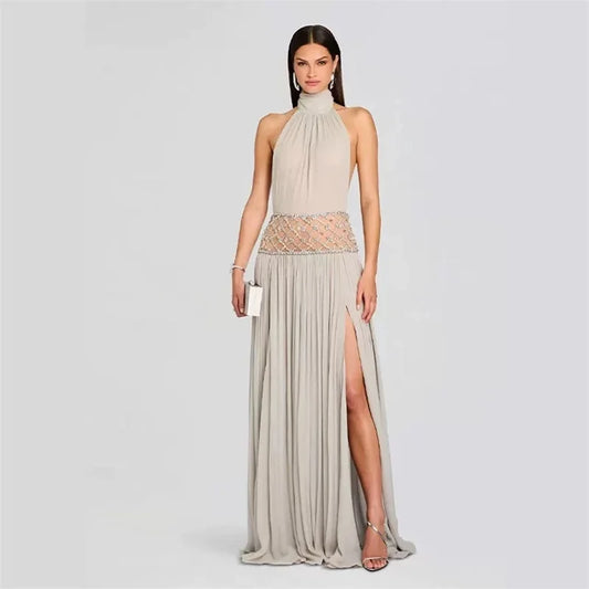 Grey Rhinestone Waist Band Detail Tie Up Backless Mesh Maxi Dress