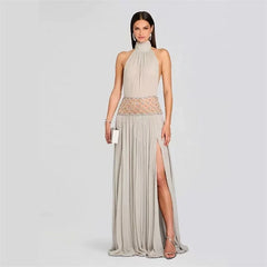 Grey Rhinestone Waist Band Detail Tie Up Backless Mesh Maxi Dress