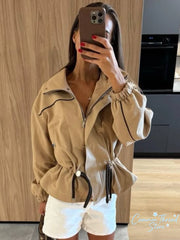 High Neck Snap Button Drawstring Crop Jacket