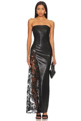 Black Faux Leather Lace Patchwork Tube Maxi Dress