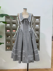 Plaid Collar Back Tie Up Midi Dress