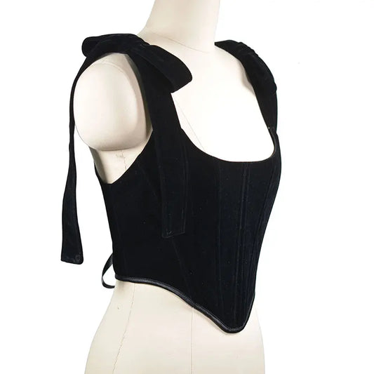 Black Velvet Corset Tie Lace Up Top